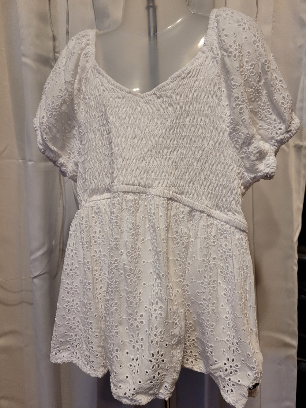 Justice White Eyelet Smocked Peasant Top